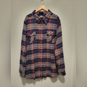 King Size 4XLT Navy and Orange Plaid Flannel Button-Up LS Shirt